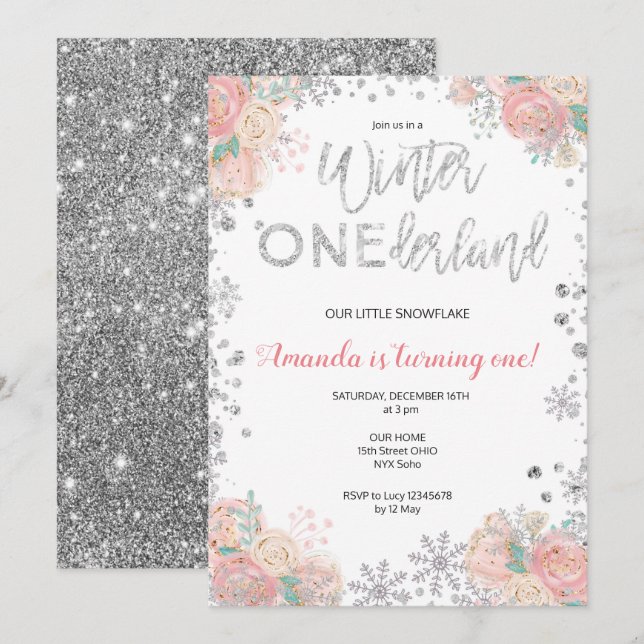 Glitter Winter ONEderland Snow Birthday Invite (Front/Back)