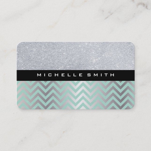 Glitter with Green Silver Chevron Pattern Business Card (Front)