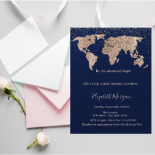 Glitter World Map Confetti Navy Blue Baby Shower Invitation