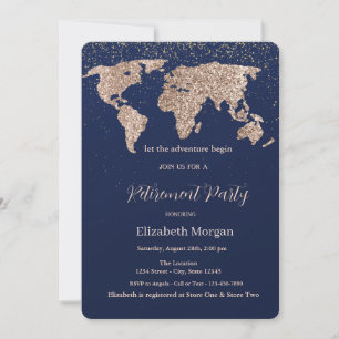 Glitter World Map Confetti Navy Blue Retirement Invitation