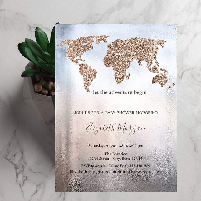 Glitter World Map Metallic Baby Shower  Invitation (Creator Uploaded)