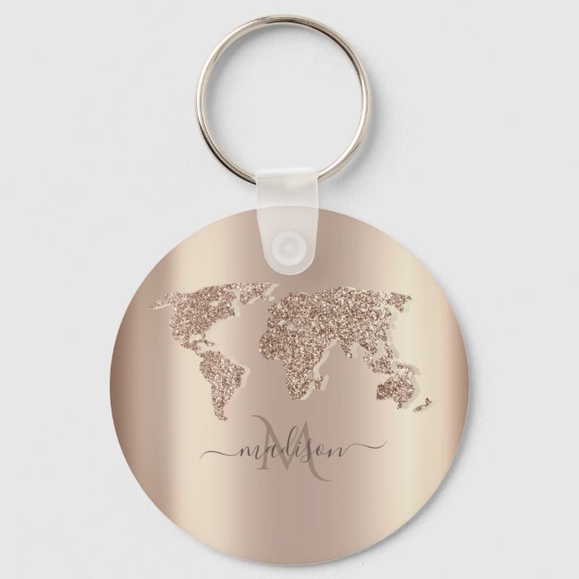 Glitter World Map Travel Monogram      Key Ring (Front)