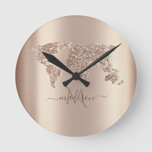Glitter World Map Travel Monogram     Round Clock (Front)
