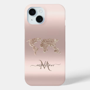 Glitter World Map Travel Rose Gold Monogram iPhone 15 Case