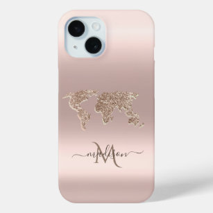 Glitter World Map Travel Rose Gold Monogram  iPhone 15 Case