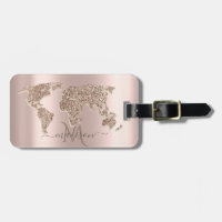Glitter World Map Travel Rose Gold Monogram