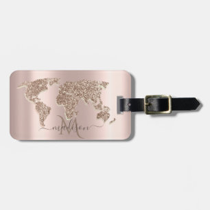 Glitter World Map Travel Rose Gold Monogram Luggage Tag