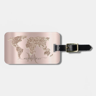 Glitter World Map Travel Rose Gold Monogram Luggage Tag