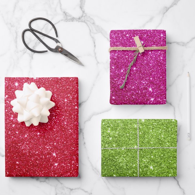 Glitter Wrapping Paper Red Pink Green Gift Wrap (Front)