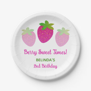 Glitter Y2K Pink Strawberry 2nd Birthday Paper Plate