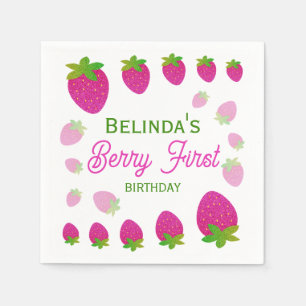 Glitter Y2K Strawberry Berry First 1st Birthday Napkin