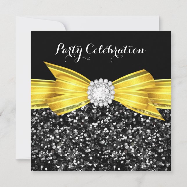 Glitter Yellow Bow Black Diamond Luxury Party Invitation (Front)