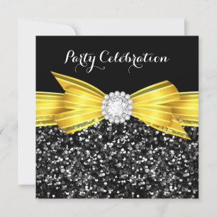 Glitter Yellow Bow Black Diamond Luxury Party Invitation
