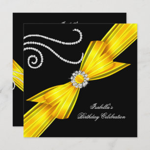 Glitter Yellow Diamond Bow Black Birthday Party Invitation