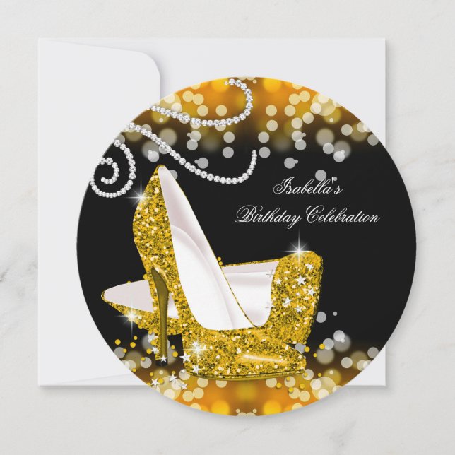 Glitter Yellow Gold High Heels Diamonds Birthday Invitation (Front)