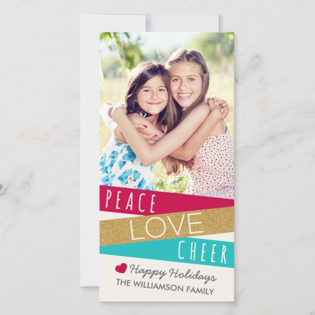 Glitter Zig Zag Peace Love Cheer Photo Holiday Card (Front)