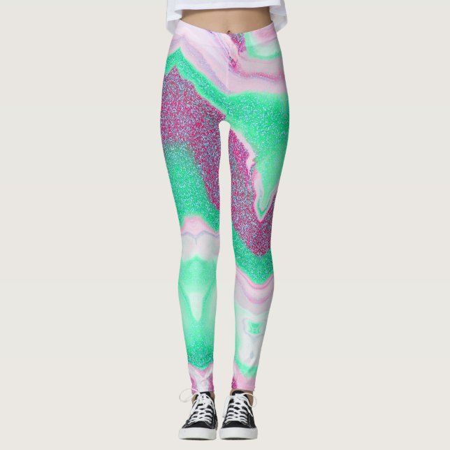 Glittered Marble | Fresh Mint Green, Magenta Pink Leggings (Front)