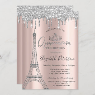 GlitterEiffel Tower,Tiara,Drips Silver Quinceañera Invitation