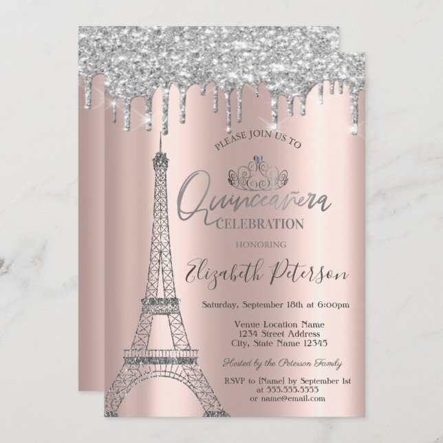 GlitterEiffel Tower,Tiara,Drips Silver Quinceañera Invitation (Front/Back)