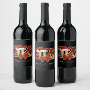 Glittering 2026 New Year Design with Santa Hat Wine Label