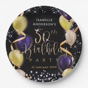Glittering Balloons 50th Birthday Black Paper Plate