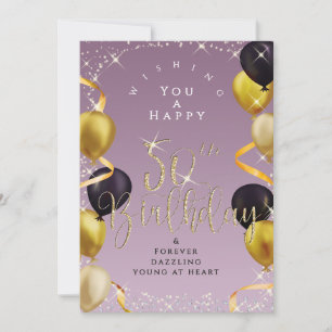Glittering Balloons 50th Happy Birthday Purple Card