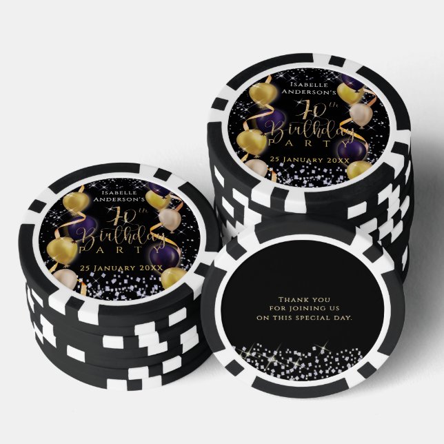 Glittering Balloons 70th Birthday Black Poker Chips (Stack)