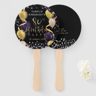 Glittering Balloons 80th Birthday Black Hand Fan