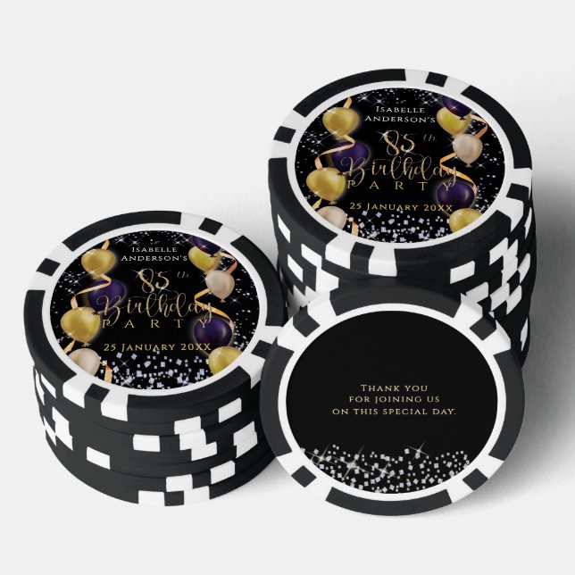 Glittering Balloons 85th Birthday Black Poker Chips (Stack)