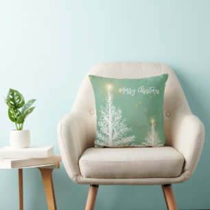Glittering Blue Background with Christmas Tree Cushion