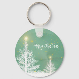 Glittering Blue Background with Christmas Tree Key Ring