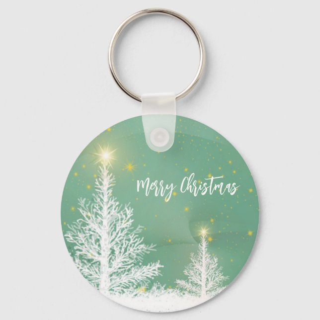 Glittering Blue Background with Christmas Tree  Key Ring (Front)