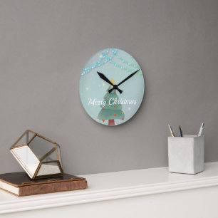 Glittering Blue Background with Christmas Tree Round Clock