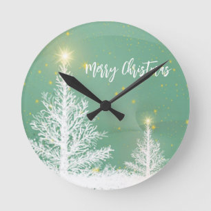 Glittering Blue Background with Christmas Tree Round Clock