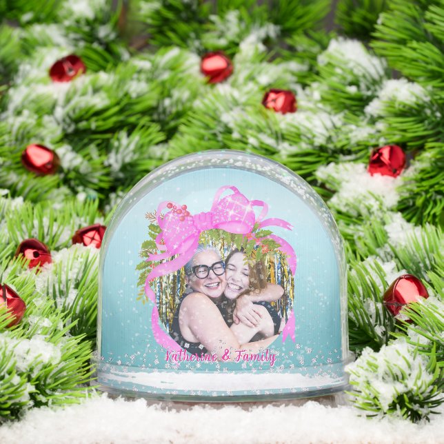 Glittering Christmas Pink Bow Photo Blue Snowglobe (Christmas)