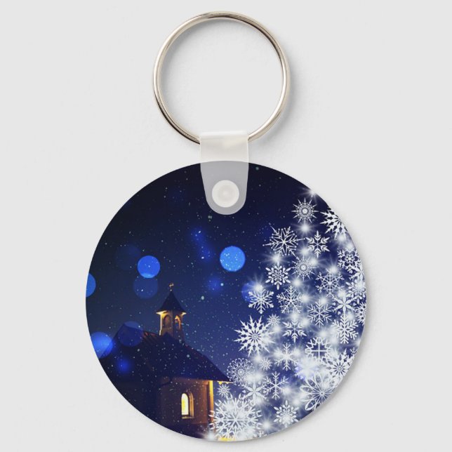  Glittering Christmas tree with Blue Background Key Ring (Front)