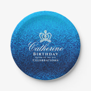 Glittering Crown Blue Paper Plate