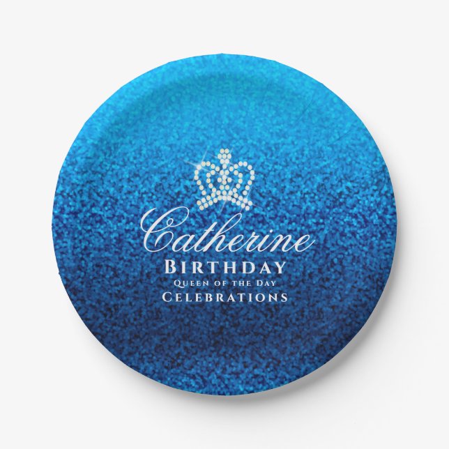 Glittering Crown Blue Paper Plate (Front)