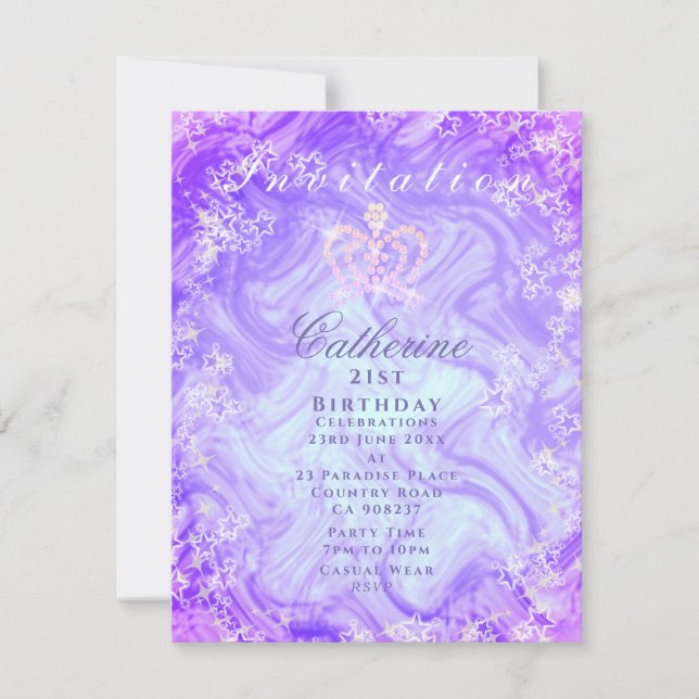 Glittering Crown Gradient Purple Invitation (Front)