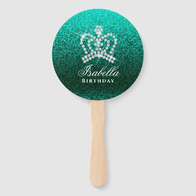 Glittering Crown Green  Hand Fan (Front)