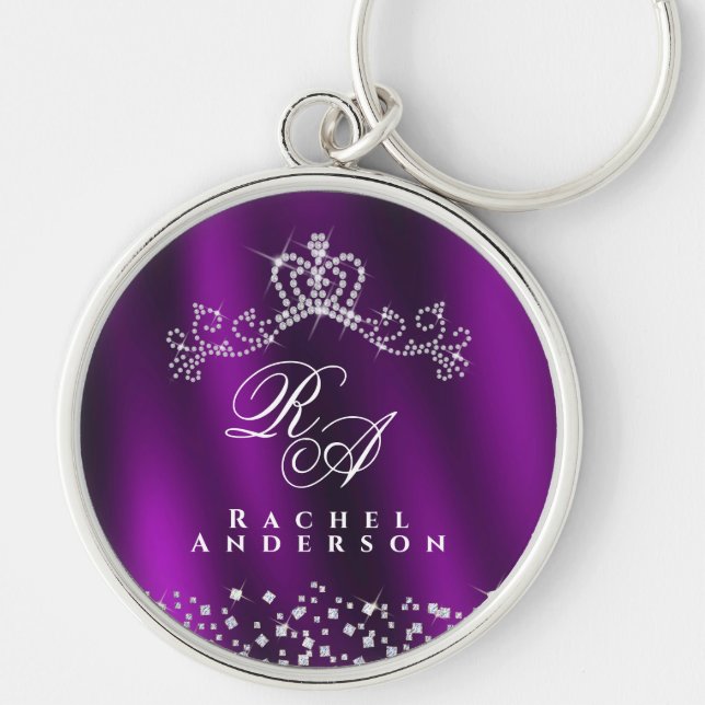 Glittering Crown Monogram Magenta Key Ring (Front)