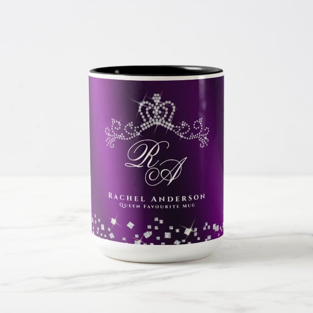 Glittering Crown Monogram Magenta Two-Tone Coffee Mug (Center)