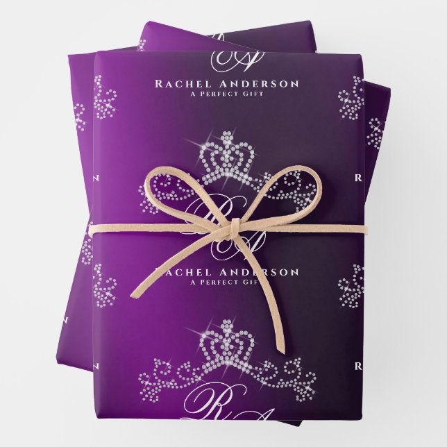 Glittering Crown Monogram Magenta Wrapping Paper Sheet (In situ)