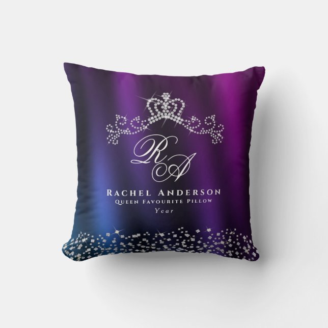 Glittering Crown Monogram Purple Blue Cushion (Front)