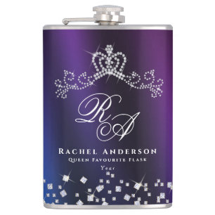 Glittering Crown Monogram Purple Blue Hip Flask