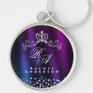 Glittering Crown Monogram Purple Blue Key Ring