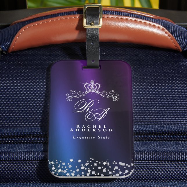Glittering Crown Monogram Purple Blue Luggage Tag (Front Insitu 2)