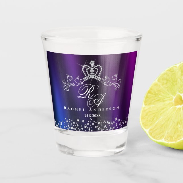Glittering Crown Monogram Purple Blue Shot Glass (Front)