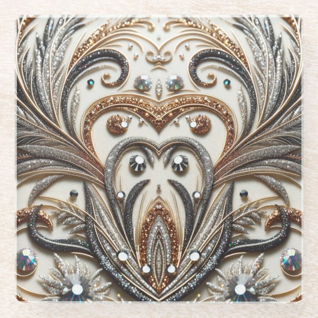 Glittering floral pattern with gemstone glass coaster (Front)