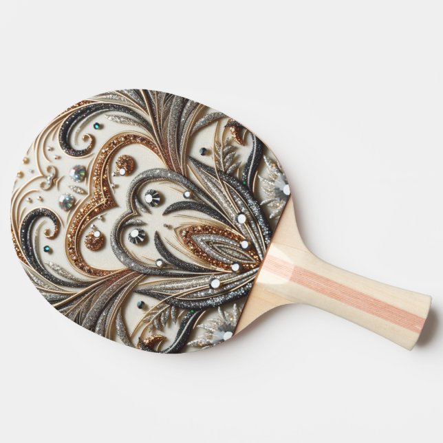 Glittering floral pattern with gemstone ping pong paddle (Side)